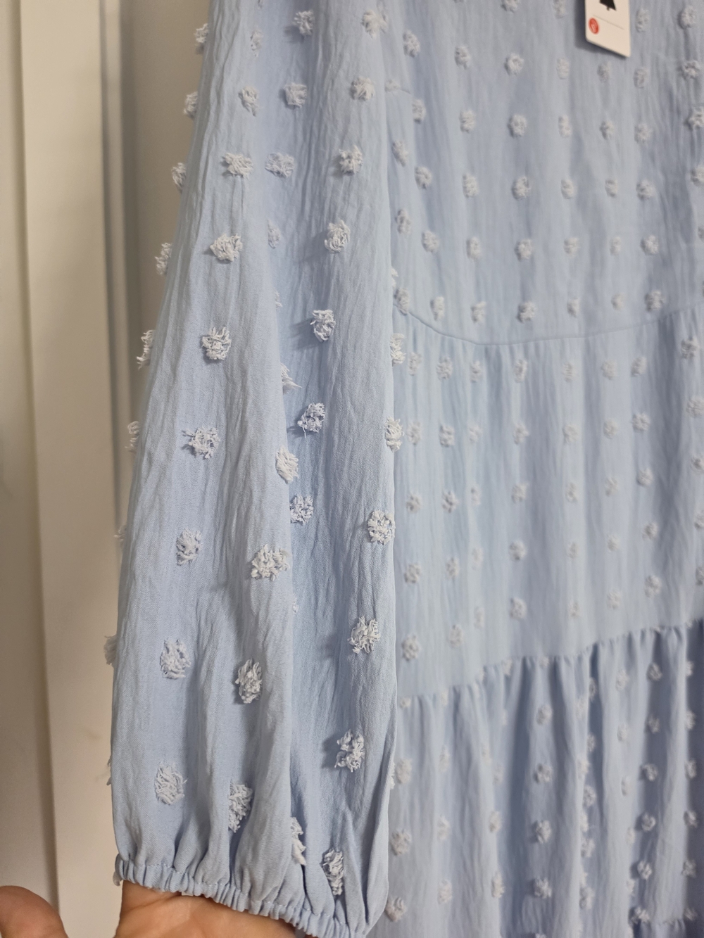 Light Blue Swiss Dot Tiered Long Sleeve Midi Dress - Picture 4 of 11